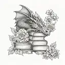 sleeping dragon on books surrounded by florals forming the shape tattoo design idea