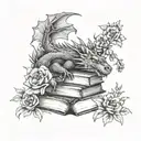 sleeping dragon on books surrounded by florals forming the shape tattoo design idea