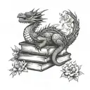sleeping dragon on books surrounded by florals forming the shape tattoo design idea