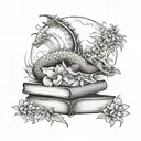 sleeping dragon on books surrounded by florals forming the shape tattoo design idea