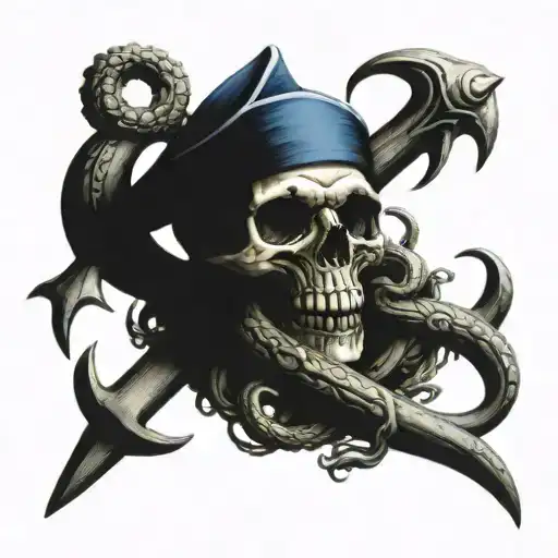 navy anchor with skull and kraken emerging tattoo design idea