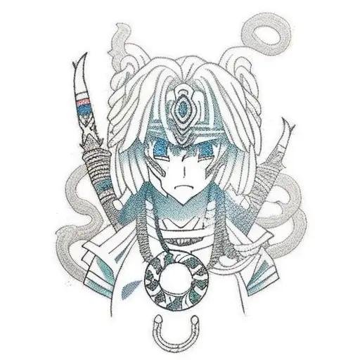 A traditional style tattoo of a tribal-inspired anime character surrounded by pokemon tattoo design idea