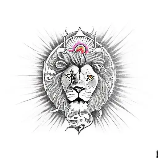 a bull, a lion and a swallow tail humming bird emerging from a sun tattoo design idea