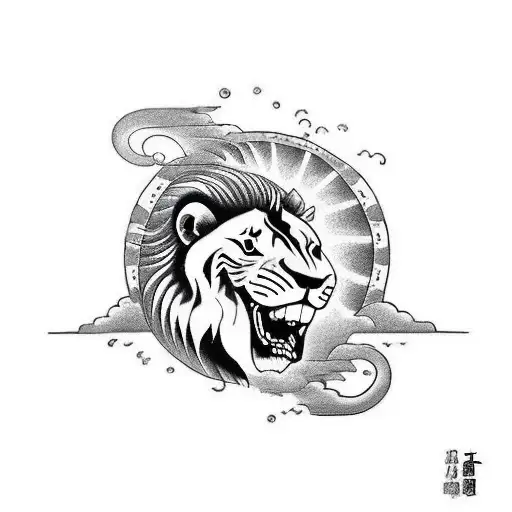 a bull, a lion and a swallow tail humming bird emerging from a sun tattoo design idea