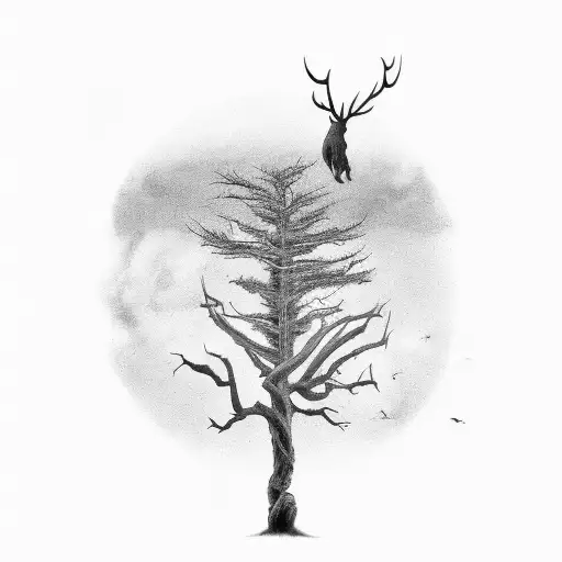 large old dead tree with a Minotaur and a nautical theme tattoo design idea