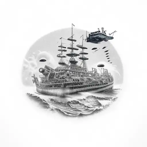 on Ocean floor, commercial diver in foreground, sunken shipwreck in background tattoo design idea