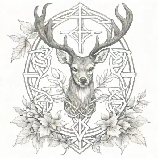 deer head in the middle of a Celtic cross surround by leaves tattoo design idea