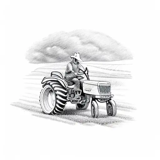 Farmer riding a tractor with a field of money growing tattoo design idea