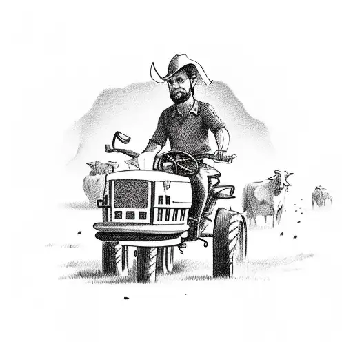Farmer riding a tractor with a field of money growing tattoo design idea