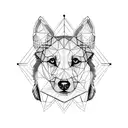 Half realistic dog half geometric outline of dog's face With rhombus design outlining the entire image tattoo design idea