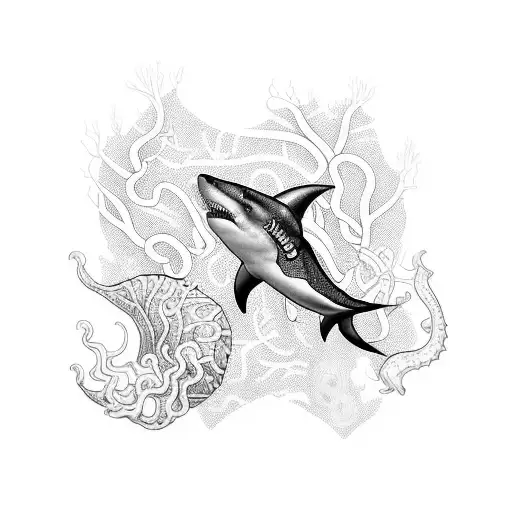 A mesmerizing blackwork tattoo depicting a shark, jellyfish, and stingray surrounded by a vibrant coral reef, while an octopus gracefully wraps its tentacles around them tattoo design idea