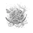 A mesmerizing blackwork tattoo depicting a shark, jellyfish, and stingray surrounded by a vibrant coral reef, while an octopus gracefully wraps its tentacles around them tattoo design idea