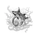 A mesmerizing blackwork tattoo depicting a shark, jellyfish, and stingray surrounded by a vibrant coral reef, while an octopus gracefully wraps its tentacles around them tattoo design idea