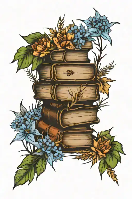 stack of books surrounded by wildflowers, wheat, maple leafs tattoo design idea