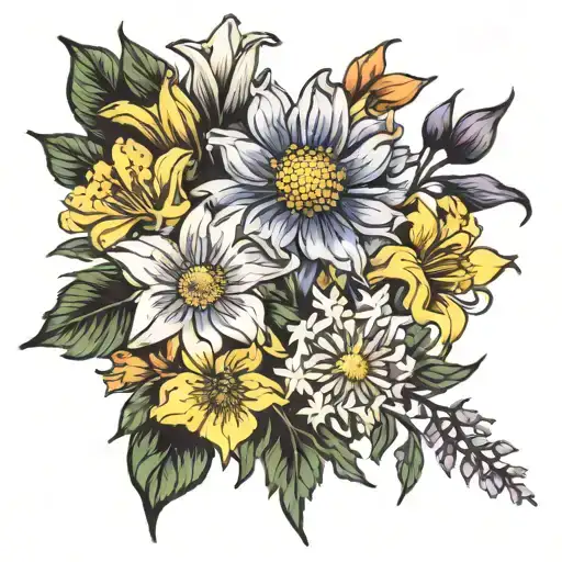 bouquet with aster, cosmos, daffodil, and gladious flower  tattoo design idea