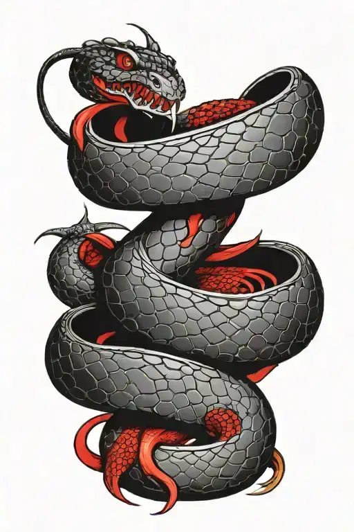 Black snake interwined with red dragon wrapped together tattoo design idea