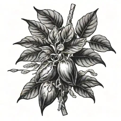 A realistic blackwork tattoo of a cocoa plant intertwined with paintbrushes, symbolizing Evelyn's passion for painting tattoo design idea