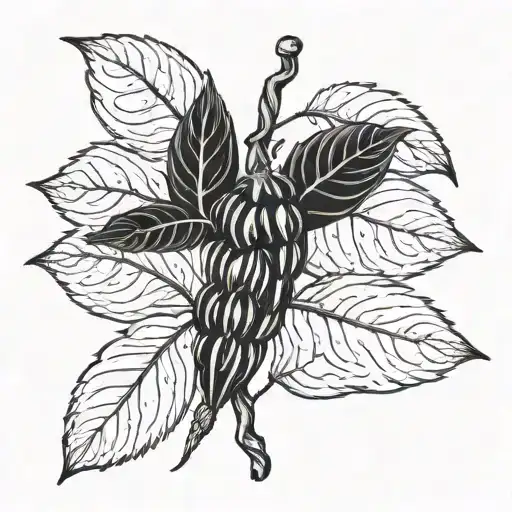 A realistic blackwork tattoo of a cocoa plant intertwined with paintbrushes, symbolizing Evelyn's passion for painting tattoo design idea