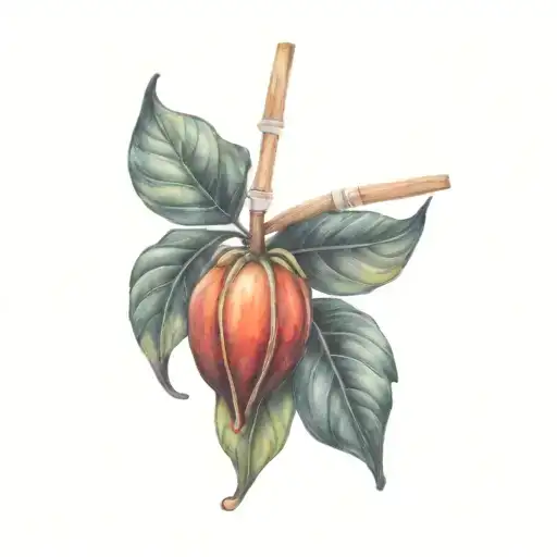 A realistic blackwork tattoo of a cocoa plant intertwined with paintbrushes, symbolizing Evelyn's passion for painting tattoo design idea