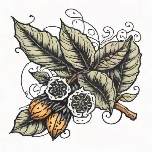 A realistic blackwork tattoo of a cocoa plant intertwined with paintbrushes, symbolizing Evelyn's passion for painting tattoo design idea