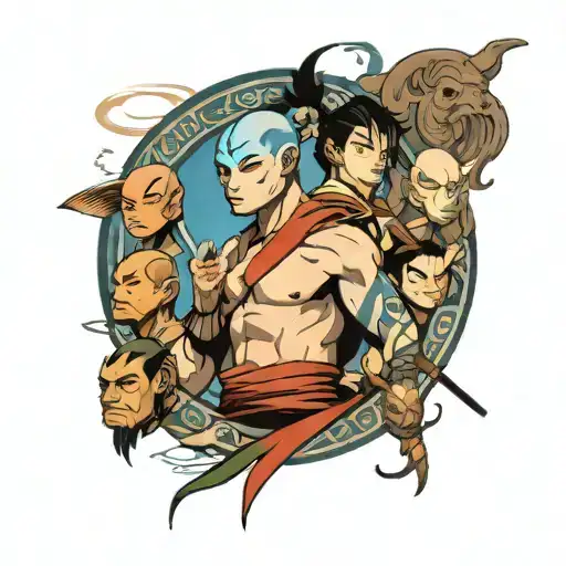 Avatar half sleeve tattoo including aang, toph, azula, sokka, katara, kyoshi warriors, uncle iroh, zuko, momo, and appa, tattoo design idea