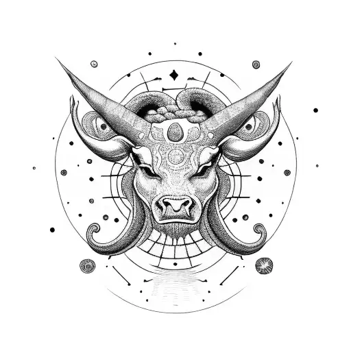 minotaur head with serpents and constellations around it in a circle tattoo design idea