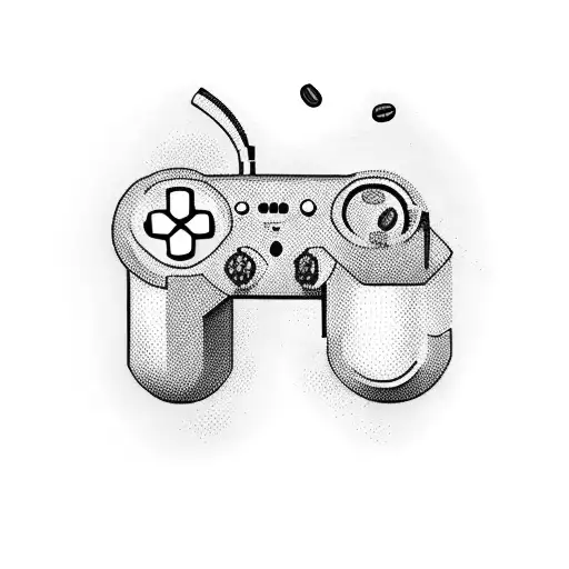 A video game controller with coffee beans and books as buttons tattoo design idea
