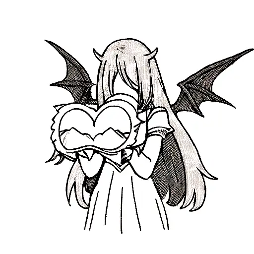 A girl with shoulder-length hair partially covering her eyes, a dragon girl with wings and claws holding a heart in her  tattoo design idea