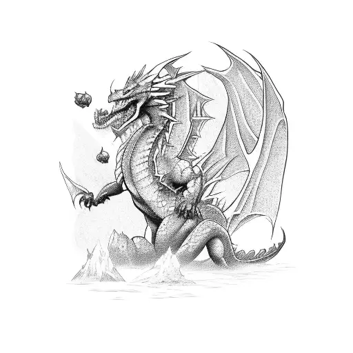 A fierce dragon battling a group of superheroes in a comic book style tattoo design idea