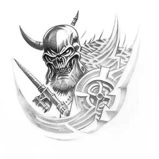 A warhammer-themed tattoo with a mix of game elements and comic book aesthetics tattoo design idea