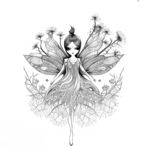 tree fairy with crystals, mushrooms dandelion wishes tattoo design idea
