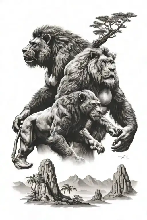 A lion and gorilla standing together in a mountain landscape tattoo design idea