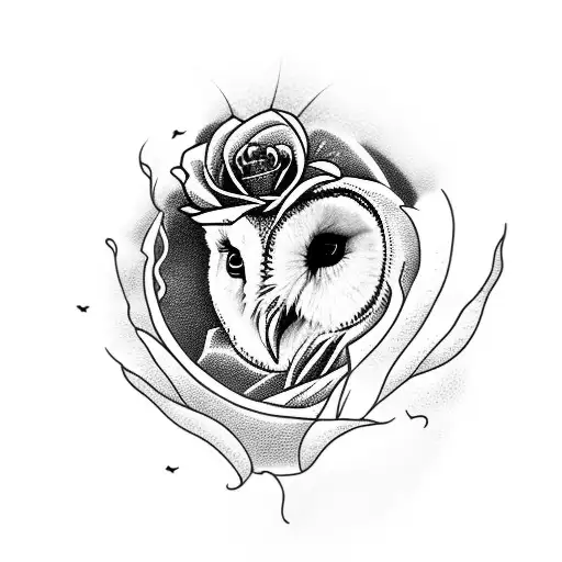 barn owl between a black rose and a red rose tattoo design idea