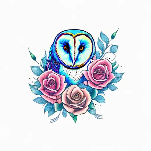 barn owl between two roses tattoo design idea