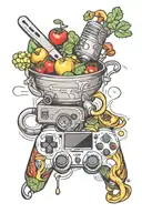 A tattoo featuring a cooking utensil intertwined with a video game controller to symbolize the client's passion for cooking and gaming tattoo design idea