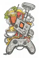 A tattoo featuring a cooking utensil intertwined with a video game controller to symbolize the client's passion for cooking and gaming tattoo design idea