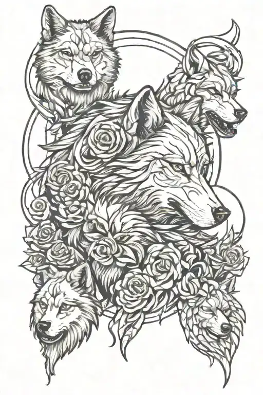 angry wolf with two wolves moon rose and pineforest  tattoo design idea
