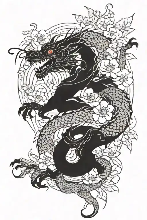 dainty full body japanese dragon with wings. along with flowers spiraled around   tattoo design idea