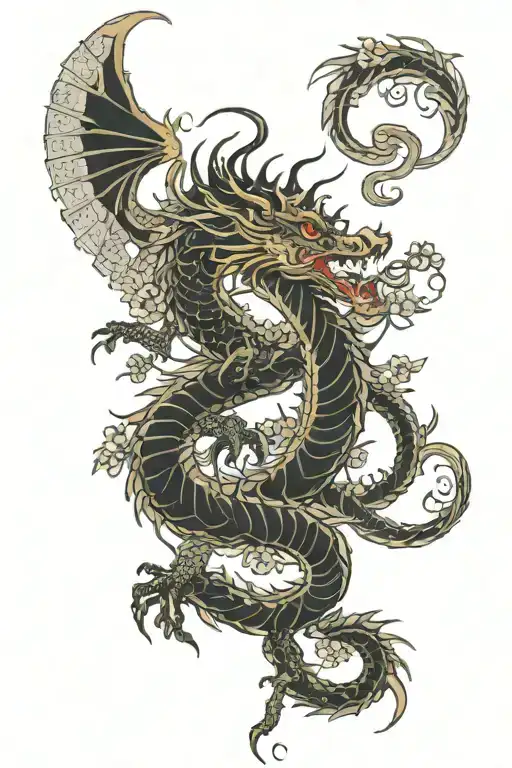 full body japanese dragon with wings. along with flowers spiraled around   tattoo design idea