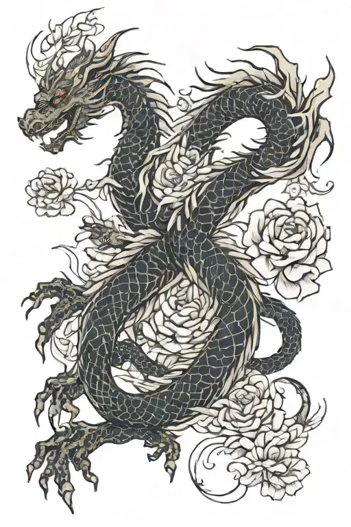 dainty full body japanese dragon with wings. along with flowers spiraled around   tattoo design idea