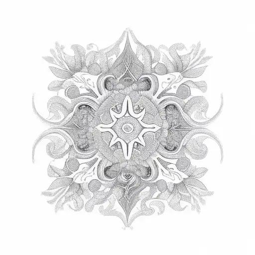 An intricate design of forest plants forming a pattern reminiscent of a yoga pose, with blueberries and ferns scattered throughout tattoo design idea