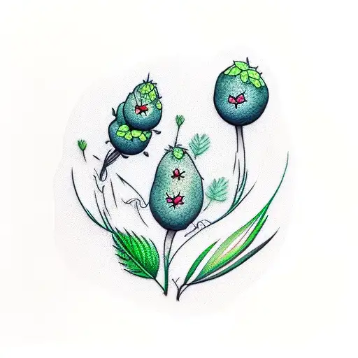forest plants including blueberry, cones, Grass in bluegreen colors tattoo design idea