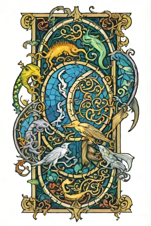 A stained glass sleeve depicting creatures from british isles folklore behind an elaborate calligraphy "B" tattoo design idea
