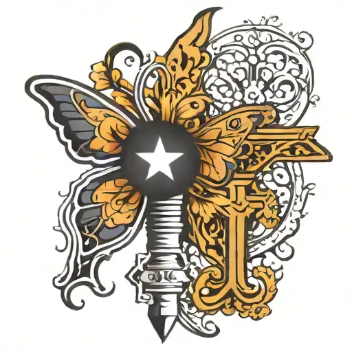 spine tattoo with butterfly and cross with "why aren't you smiling" in arabic tattoo design idea