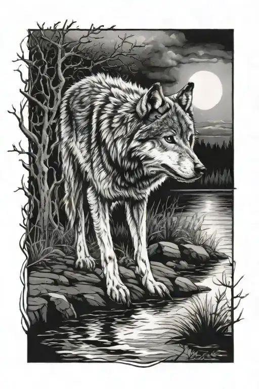Wolf crossing a stream during a full moon rising tattoo design idea