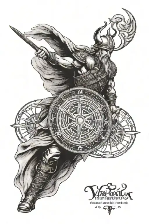 A Viking warrior holding a Viking compass, soaring towards Valhalla on the flight of the soul tattoo design idea