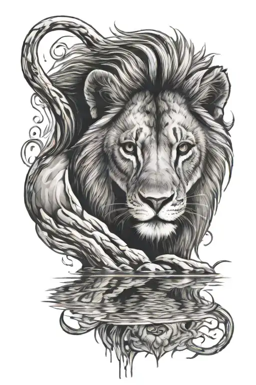 make a lion looking in a river and the reflection is a baby lion  tattoo design idea
