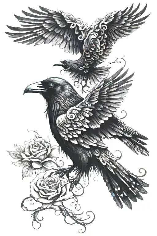 raven flying with fairy riding tattoo design idea