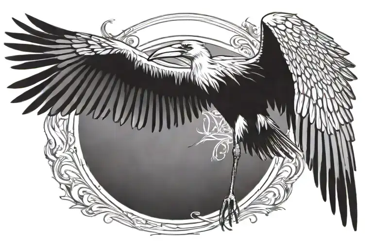 soul marabou stork with open wings on a background of calligraphy text in cercle tattoo design idea