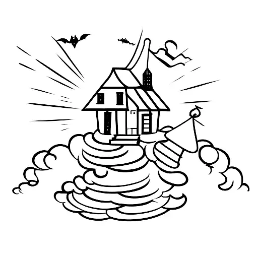 haunted house with picket fence and two swings tattoo design idea